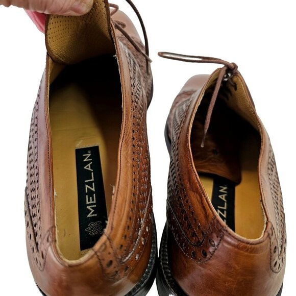 Mezlan Dubai Brown Woven Wingtip Shoes Mens 9M All Leather Oxford Made in Spain - Picture 4 of 13